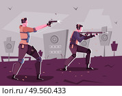 Shooting training flat composition with two male characters in protective ammunition holding weapon and shooting at targets vector illustration. Стоковая иллюстрация, агентство Ingram Publishing / Фотобанк Лори