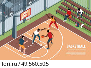 Isometric basketball horizontal background with editable text and view of playground with playing athletes and viewers vector illustration. Стоковая иллюстрация, агентство Ingram Publishing / Фотобанк Лори