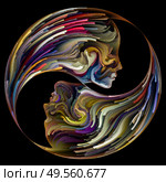 Soul Mates series. Distinct male and female facial features and negative silhouettes joined into parts of yin yang shape symbol of brushstrokes of digital paint. Illustration on subject of love, romance, art and forces in Nature. Стоковое фото, агентство Ingram Publishing / Фотобанк Лори