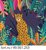 Cute exotic wild big cat cheetah sitting on dark tropical background with collection of exotic plants. Flat vector illustration. Стоковая иллюстрация, агентство Ingram Publishing / Фотобанк Лори