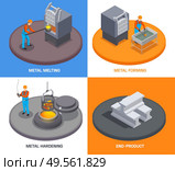 Metallurgy foundry industry isometric design concept with text and people operating metal melting and hardening facilities vector illustration. Стоковая иллюстрация, агентство Ingram Publishing / Фотобанк Лори
