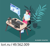 Isometric background with woman blogger recording video with joystick in hands 3d vector illustration. Стоковая иллюстрация, агентство Ingram Publishing / Фотобанк Лори