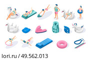 Isometric swimming aids icons set with people inflatable ring air bed noodle arm band isolated on white background 3d vector illustration. Стоковая иллюстрация, агентство Ingram Publishing / Фотобанк Лори