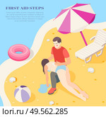 Reviving drowning victim on beach using first aid steps treatment info isometric background composition vector illustration. Стоковая иллюстрация, агентство Ingram Publishing / Фотобанк Лори