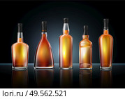Brandy cognac whiskey glass bottles composition of realistic images various shapes on glossy surface with reflections vector illustration. Стоковая иллюстрация, агентство Ingram Publishing / Фотобанк Лори