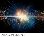 3D illustration of fractal burst and atomic structures on the subject of elementary particle physics, deep space , astrophysics, education and virtual reality. Стоковое фото, агентство Ingram Publishing / Фотобанк Лори