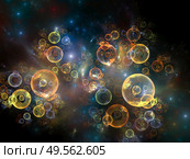 3D illustration of fractal spheres and lights on the subject of elementary particle creation, space physics, astrophysics, education and virtual reality. Стоковое фото, агентство Ingram Publishing / Фотобанк Лори