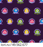 Aliens seamless pattern vector, galaxy invaders wearing protective costumes. Monsters with eyes and tentacles, pixel art gama space theme flat style. Aliens Wearing Protective Suits Seamless Pattern. Стоковая иллюстрация, агентство Ingram Publishing / Фотобанк Лори