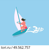 Woman swimming on surfboard with canvas in blue sea waters. Vector surfboard, extreme sport and cartoon character in bikini suit, back view. Woman Swimming on Surfboard with Canvas, Blue Sea. Стоковая иллюстрация, агентство Ingram Publishing / Фотобанк Лори