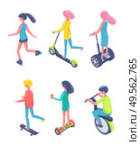People using eco transport vector, man and woman of young age standing on hoverboard and innovative electric scooters with stand to hold flat style. Teenagers Boys and Girls on Eco Transport Vector. Стоковая иллюстрация, агентство Ingram Publishing / Фотобанк Лори