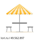 Parasol with table, chairs resort equipment, striped umbrella and seat in flat design style, nobody leisure place, summer element, beach furniture vector. Beach Equipment, Parasol and Chairs, Summer Vector. Стоковая иллюстрация, агентство Ingram Publishing / Фотобанк Лори