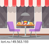 Served fast food on table of bistro vector. Canopy on roof of restaurant, burgers and soda drinks in plastic cups, french fries fried potato on desk. Restaurant Terrasse with Table and Served Food. Стоковая иллюстрация, агентство Ingram Publishing / Фотобанк Лори