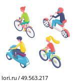 People riding bikes vector, teenagers and adults using eco transport isolated set of bikers wearing helmets for protection. Hobby of man and woman. Eco Transport People on Scooters and Bicycles Set. Стоковая иллюстрация, агентство Ingram Publishing / Фотобанк Лори