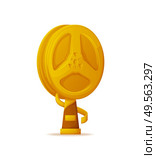Trophy for cinema achievements vector, gold bobbin isolated icon. Reward in shape of reel with stripe on pedestal with name table, champion reward. Trophy for Cinema Achievements, Gold Bobbin Icon. Стоковая иллюстрация, агентство Ingram Publishing / Фотобанк Лори