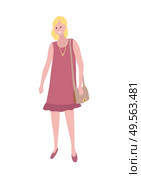 Blonde woman in purple dress with pendant on neck isolated cartoon character. Vector female, middle age lady with sack, mother or wife in flat style. Blonde Woman in Purple Dress with Pendant on Neck. Стоковая иллюстрация, агентство Ingram Publishing / Фотобанк Лори
