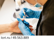 Aesthetician doing the manicure, filing the nails with a file to his client in a beauty center. Business and beauty concepts. Aesthetician doing the manicure, filing the nails with a file to his client in a beauty center. Стоковое фото, агентство Ingram Publishing / Фотобанк Лори