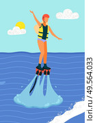 Woman on water skis surfing in sea or ocean. Leaves traces on water, beach and summer sport activities. Girl wearing life vest and helmet flyboarding. New spectacular extreme water sport. Woman on Water Skis Surfing in Sea or Ocean Vector. Стоковая иллюстрация, агентство Ingram Publishing / Фотобанк Лори