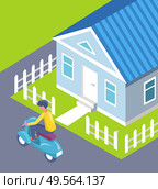 House with fence and cut lawn vector, person on scooter riding on path flat style man wearing helmet using ecologically friendly transport in city. Man on Scooter Passing House Fence City Vector. Стоковая иллюстрация, агентство Ingram Publishing / Фотобанк Лори