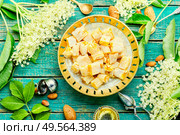 Traditional oriental sweetness,Turkish delight lokum with elderberry flavor.Eastern sweets. Sweet turkish delight. Стоковое фото, агентство Ingram Publishing / Фотобанк Лори