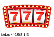 Sign of luck and success vector, isolated signboard. Glowing frame lucky sevens triple 777 number. Casino gambling victory winning money flat style. Win in casino. Slot Machine with Lucky 777 Triple Sevens Sign. Стоковая иллюстрация, агентство Ingram Publishing / Фотобанк Лори