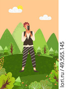 Pictures of nature and landscapes vector, photographer with camera surrounded by natural beauty. Tees and bushes, mountains and clears sky with shining sun. Photographer Working on Photo Taking Pictures. Стоковая иллюстрация, агентство Ingram Publishing / Фотобанк Лори