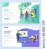 Business school vector, coach lady cat teaching students to cope with tasks and ideas, hipster animals deer giving presentation, listening seminar. Website or webpage template, landing page flat style. Business Coach and School Hipster Animals Website. Стоковая иллюстрация, агентство Ingram Publishing / Фотобанк Лори
