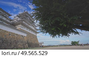 Himeji, Japan - Sep 24 2024, 4k, panoramic view of Himeji Castle, White Heron Castle from below, through tree foliage in daytime with blue sky and clouds, without people, Himeji, Japan. Стоковое видео, видеограф Сергей Богомяко / Фотобанк Лори