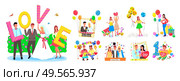 Set of photozones, accessorize, frames and decorations for different events like wedding or birthday party. Smiling people posing for photoes with balloons vector. Birthday, wedding or festival photo. Photozone Accessories and Decorations for Events. Стоковая иллюстрация, агентство Ingram Publishing / Фотобанк Лори
