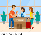 Administrator on reception giving keys from roof to man. Smiling travelers with luggage, man and woman tourist check into hotel, reservation table vector. Travels near Reception, Check into Hotel Vector. Стоковая иллюстрация, агентство Ingram Publishing / Фотобанк Лори