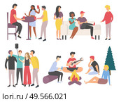 Friends gathering together at weekend vector, buddies sitting on couch in cafe and drinking coffee, people spend time playing guitar and taking selfies. Flat cartoon. Friends Gathering, Spending Time Together Vector. Стоковая иллюстрация, агентство Ingram Publishing / Фотобанк Лори