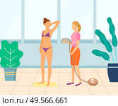 Cosmetologist using aerograph and spraying fake tan on young female wearing purple bikini in beauty salon. Woman tanning, airbrush machine vector. Flat cartoon. Applying Fake Tan with Airbrush Vector in Salon. Стоковая иллюстрация, агентство Ingram Publishing / Фотобанк Лори