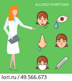 Allergy symptoms vector, doc woman showing face of female character with runny nose and teardrops. Fever temperature and pimples. Allergens healthcare. Flat cartoon. Allergy Symptoms Doctor with Icons Healthcare. Стоковая иллюстрация, агентство Ingram Publishing / Фотобанк Лори