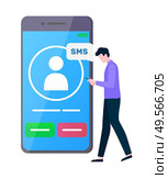 Man using cell to read and receive messages vector, male texting and chatting, person social media participation, smartphone with incoming call sign. Flat cartoon. Mobile Communication of Man, Big Smartphone Cell. Стоковая иллюстрация, агентство Ingram Publishing / Фотобанк Лори