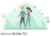 Helping disabled people vector, man with woman holding stick. Blind female character walking with male personage. Nature with greenery and leaves. Flat cartoon. Man Helping Blind Woman with Stick to Walk Vector. Стоковая иллюстрация, агентство Ingram Publishing / Фотобанк Лори