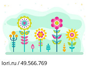 Summer blossom vector, flourishing flowers with stables and foliage. Nature in spring, diversity of flora and decoration, natural greenery and frondage. Flat cartoon. Flowers in Bloom, Blossom of Spring and Summer. Стоковая иллюстрация, агентство Ingram Publishing / Фотобанк Лори