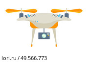 Quadcopter with video-camera, modern flying equipment with propeller. Wireless device or autopilot with camera, field control, security of harvest vector. Flat cartoon. Drone or Quadcopter, Wireless Device, Uav Vector. Стоковая иллюстрация, агентство Ingram Publishing / Фотобанк Лори