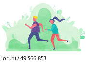 Joggers in park vector, man and woman running in forest. Hobby of youth, run active lifestyle of male and female sportsman. Characters wearing sports clothes and running. Flat cartoon. People Leading Active Lifestyle Jogging Characters. Стоковая иллюстрация, агентство Ingram Publishing / Фотобанк Лори