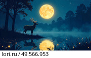 Deer silhouette by a lake with mist under a big full moon in a serene nightly forest. Magical night landscape for calm concept. Стоковое AI-изображение, AI-художник Анна Маркина / Фотобанк Лори