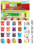 High school interior. Hall with lockers. Classrooms with chalkboard and desk. Set of colorful backpacks and supplies isolated vector illustration. Back to school concept. Flat cartoon. School Interior, Set of Backpacks Vector Image. Стоковая иллюстрация, агентство Ingram Publishing / Фотобанк Лори