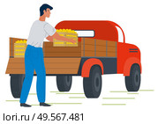 Farmer character holding wooden box with ripe apples, back view of male with box. Picking fresh product, agricultural work, transportation symbol vector. Picking apple concept. Flat cartoon. Auto with Picking Apples, Framer and Fruit Vector. Стоковая иллюстрация, агентство Ingram Publishing / Фотобанк Лори