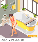 Body scrub exfoliation treatment after bath for smooth soft silky skin isometric bathroom background composition vector illustration. Стоковая иллюстрация, агентство Ingram Publishing / Фотобанк Лори