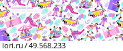 Family entertainment center snack bar slide trampoline carousel roundabout attractions playing children flat seamless pattern vector illustration. Стоковая иллюстрация, агентство Ingram Publishing / Фотобанк Лори