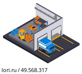 Isometric logistic warehouse delivery composition with view of storage building doors and workers departing freight truck vector illustration. Стоковая иллюстрация, агентство Ingram Publishing / Фотобанк Лори