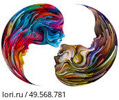 Soul Mates series. Distinct male and female facial features and negative silhouettes joined into parts of yin yang shape symbol of brushstrokes of digital paint. Illustration on subject of love, romance, art and forces in Nature. Стоковое фото, агентство Ingram Publishing / Фотобанк Лори
