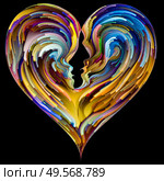 Emotional Palette series. Heart Over Egos. Abstract painting of vibrant colors in fusion of male, female silhouettes on subject of love, relationships and romance. Стоковое фото, агентство Ingram Publishing / Фотобанк Лори
