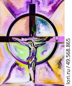 Fractured Faith. Cross of Stained Glass series. Background composition of  organic church window color pattern on the subject of fragmented unity of Crucifixion of Christ and Nature. Стоковое фото, агентство Ingram Publishing / Фотобанк Лори