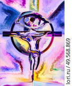 Fractured Faith. Cross of Stained Glass series. Backdrop of organic church window color pattern for use in projects on fragmented unity of Crucifixion of Christ and Nature. Стоковое фото, агентство Ingram Publishing / Фотобанк Лори
