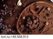healthy delicious chocolate truffles around ingridients with natural cocoa beans,  powder, cacao butter, cane sugar. healthy sweets concept. flat lay. Стоковое фото, агентство Ingram Publishing / Фотобанк Лори