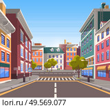 Town with buildings and empty street, 3d look of city road and houses appartment. Bushes and trees, greenery cityscape. Skyline, crossroad with zebra. End of the street. Vector in flat cartoon style. Modern City Street, Realistic Tranquil Town Look. Стоковая иллюстрация, агентство Ingram Publishing / Фотобанк Лори