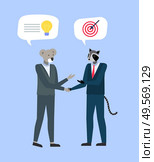 People in animal masks and expensive suits shaking hands and exchanging ideas. Businessman with koala face and badger head and tail, target and light bulb. Vector illustration in flat cartoon style. Businesspeople in Animal Masks and Expensive Suits. Стоковая иллюстрация, агентство Ingram Publishing / Фотобанк Лори